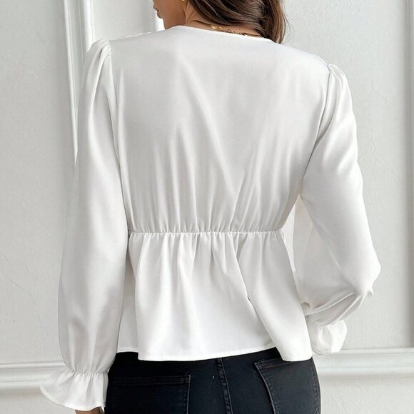 White Casual Women's Solid Color French Style Elegant Loose Fit V-Neck Shirt - Picture 2 of 7